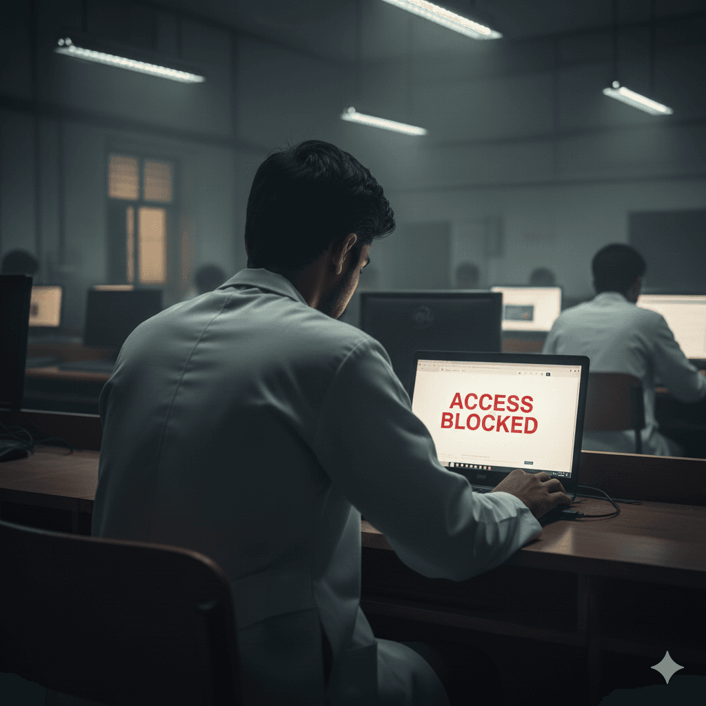 Dr. Farooq searching for financial news in the computer lab